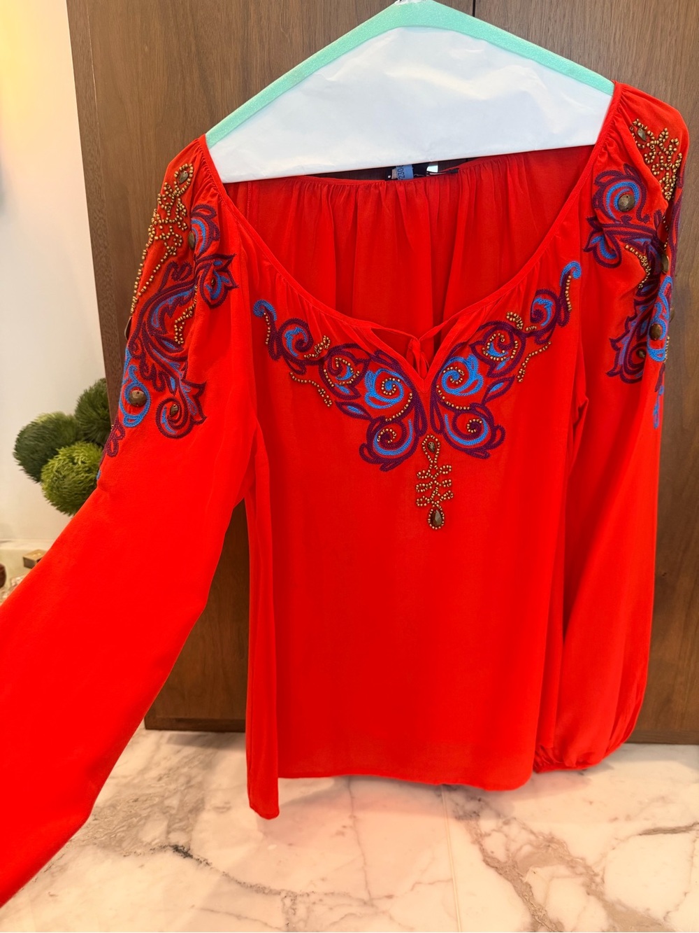 Nanette Lepore Red Embroidered Long-Sleeve Blouse